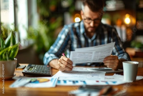 Fototapeta A man concentrating on completing financial paperwork while sitting at a table with a calculator.