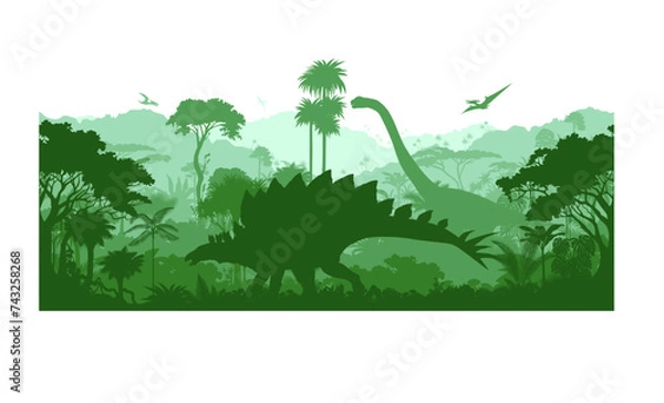 Fototapeta Vector prehistoric seamless jungle background with dinosaurs: stegosaurus, brontosaurus and pterodactyl