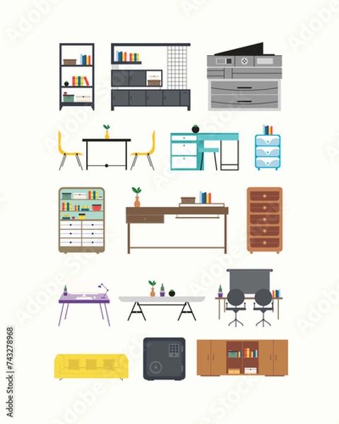 Fototapeta Simple and Minimalist Office Furniture Illustration Design Set