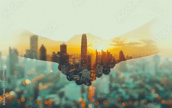 Fototapeta business team joining hands together city background double exposure