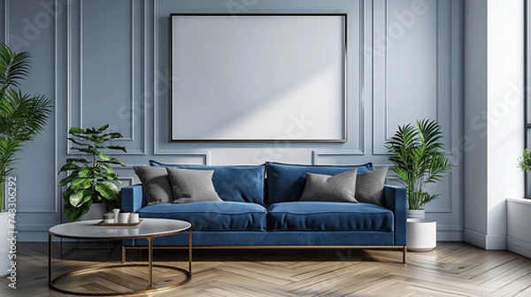 Fototapeta Modern living room with couch and frame mock up wall background. Generative AI