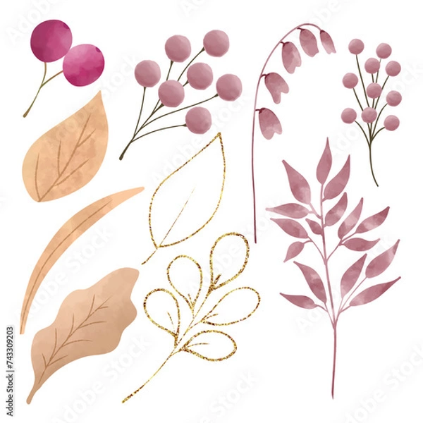 Obraz hand drawn watercolor leaves floral element pack