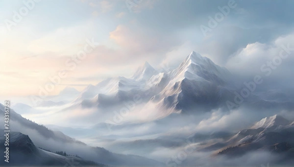 Fototapeta Majestic view of the mountains in the early morning. Mist is swirling around the slopes, mysterious atmosphere. Simple and elegant style, with soft colors and shapes.
