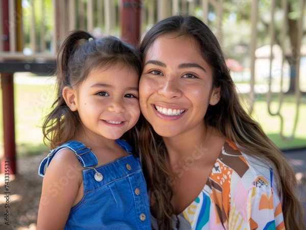 Fototapeta Closeup portrait of hispanic latina mother and young daughter at the playground.  Smiling at camera.