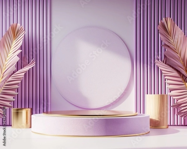 Fototapeta product display podiums scene with cylindrical podium with gold trim style, showcase on pedestal display purple studio. for cosmetic and product display