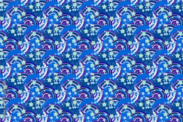 Obraz 日本の伝統紋様_千代紙_鱗波花_藍
