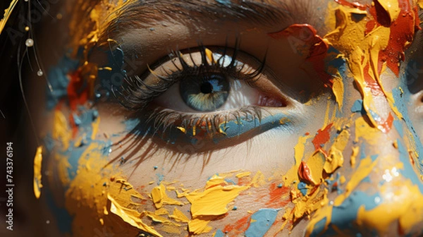 Fototapeta Captivating Macro Art: Abstract Closeup of Woman's Face with Beautiful Blue and Green Eyes, Earthy Texture and Scary Horror Concept for Halloween, generative AI