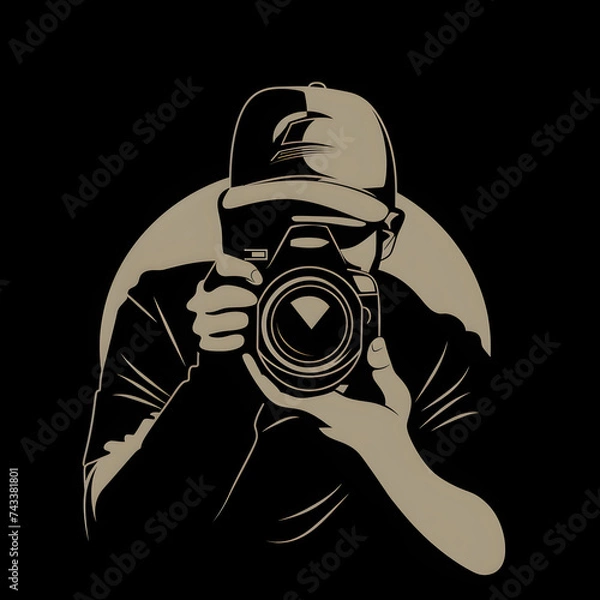Obraz A logo illustration of a photographer with cap and camera on black background.