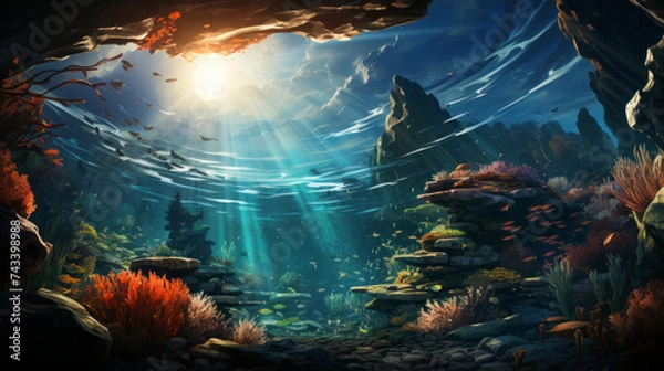 Fototapeta Discover the mesmerizing world beneath the waves with vibrant coral reefs and exotic marine life in a stunning underwater sea adventure, generative AI