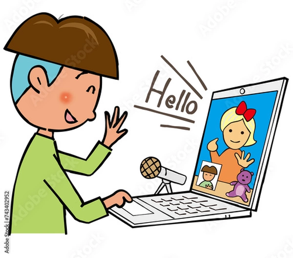 Fototapeta 外国の女の子とインターネットで会話している男の子