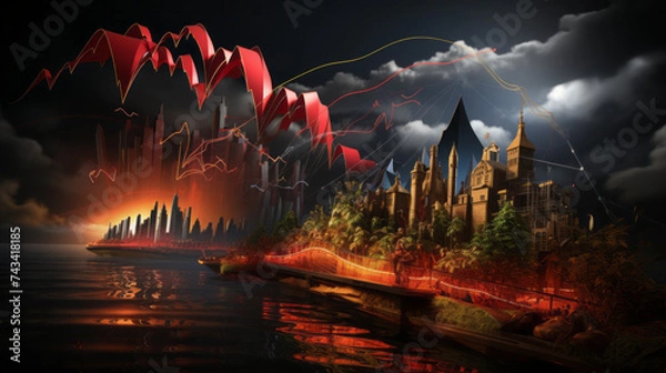 Obraz Vibrant Urban Skyline: A Captivating Nighttime Landscape with City Lights, Sunset Glow, and Nature's Beauty, generative AI