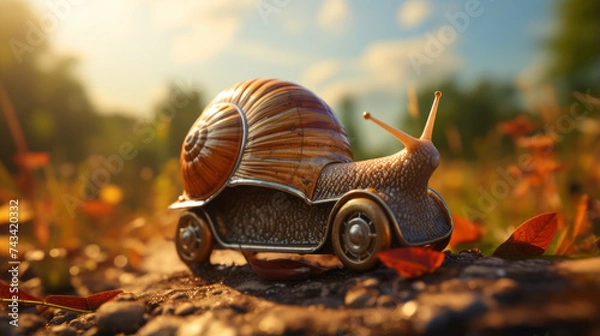 Fototapeta Slow and Small: A Closeup Look at Garden Snails in Nature, Isolated and Slimy, Crawling on Leaves and Shells, generative AI
