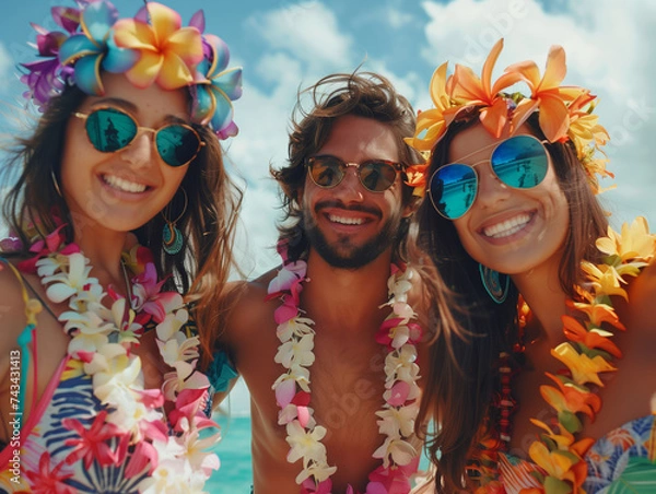 Obraz Group of friends having Hawaiian party