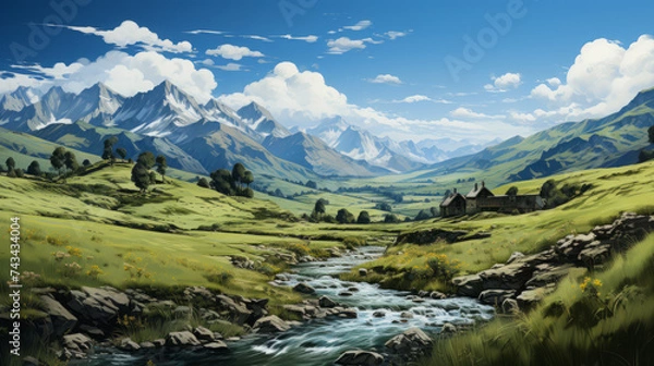 Fototapeta Majestic Mountain Views: Exploring the Alpine Landscape and Scenic Valleys of the High Alps, A Summer Hiking Adventure in Nature's Majesty, generative AI