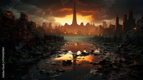 Obraz Captivating Urban Sunset: City Skyline Reflections in the Waters at Dusk, generative AI