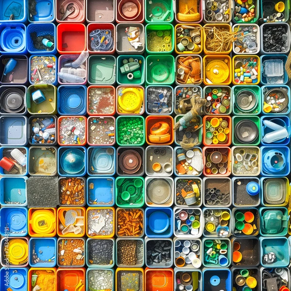 Fototapeta Close-ups portraying the diversity of materials being sorted at recycling centers