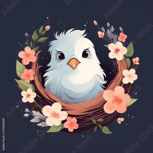 Fototapeta A painted cute blue chick in a nest with flowers on a dark background