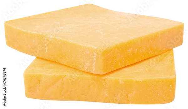 Obraz dwa plasterki sera cheddar na białym tle