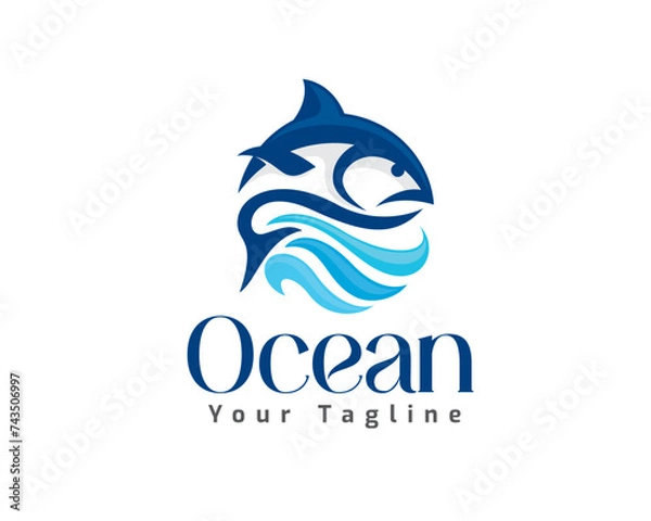Obraz abstract circle jump fish on blue ocean water logo icon symbol design template illustration inspiration