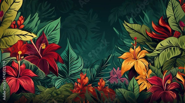 Fototapeta Colorful Leafy border design with flower pattern