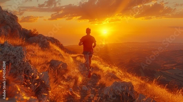 Obraz Runner on a glowing mountain trail at sunset