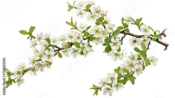 Fototapeta Hawthorn or Crataegus monogyna branch with flowers isolated on white background, generative ai