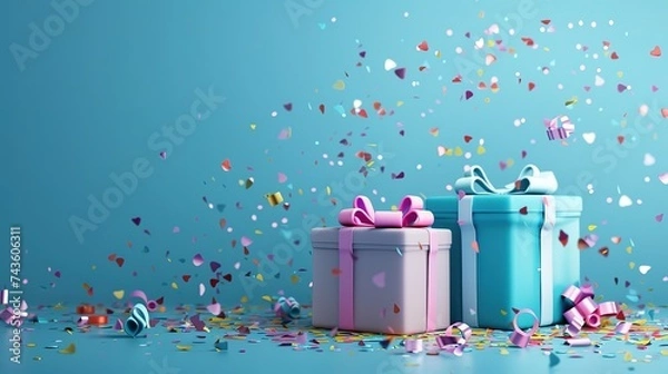 Fototapeta A box with gifts and confetti. For online sale. Birthday, mother's day and christmas day. 3d rendering illustration, generative ai