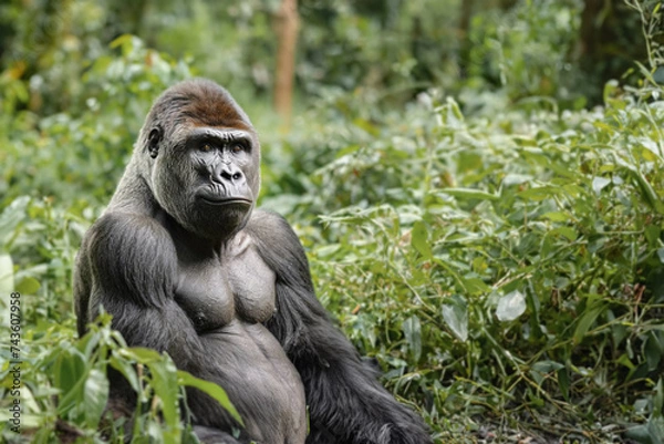 Fototapeta Portrait of a male gorilla, close-up. Male gorilla in natural conditions. Created with the help of artificial intelligence.