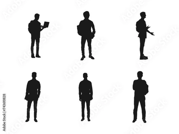 Fototapeta male student standing silhouettes. Vector silhouette of man standing, people, black color. silhouette people standing in line. Collage of silhouette people standing in line against white background.