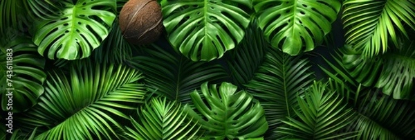 Fototapeta Green leaves background. Green tropical monstera leaves, palm leaves, coconut leaf, fern, palm leaf, banana leaf. Panoramic background. nature concept