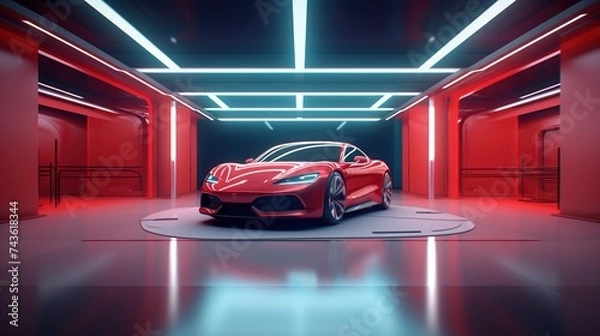 Obraz Unbranded red sport car on futuristic garage featuring. 3d Rendering background