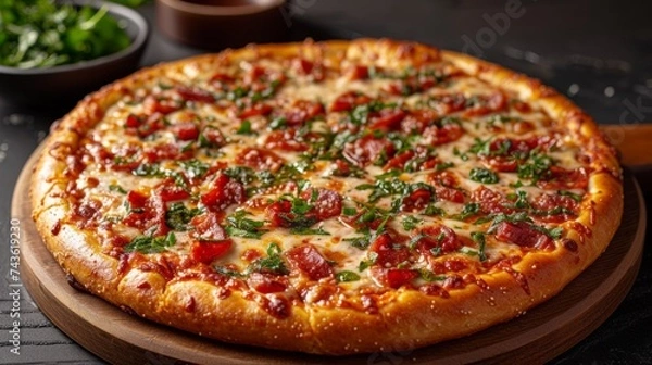 Fototapeta Delicious hot pizza presented on a sleek black wooden tabletop, witth perfectly melted cheese, and a golden, crispy crust. Copy space for text