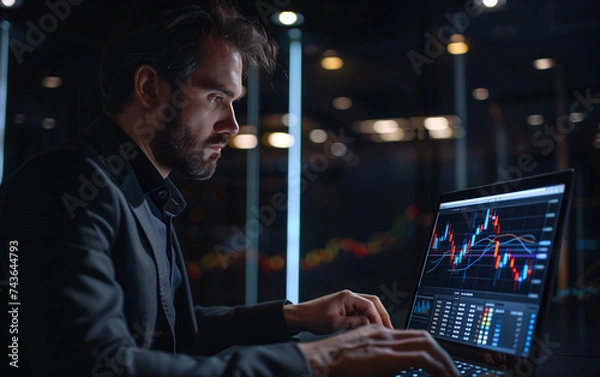 Obraz Businessman looking on his laptop of financial charts, financial transactions concept