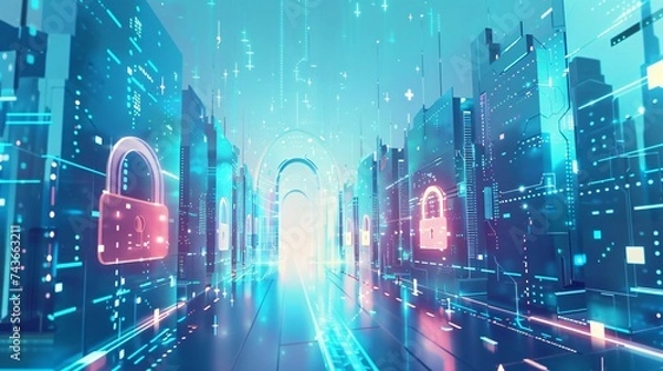 Fototapeta A visually striking illustration of digital security measures set against a backdrop of serene blue hues