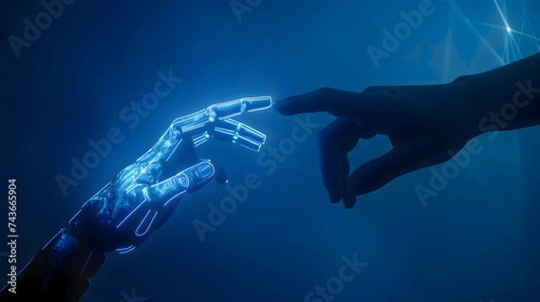Fototapeta Contact between a cyber hand hand a human hand - Technologies and artificial intelligence concept