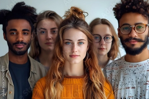 Fototapeta A picture shows a group of varied individuals coming together, multicultural team in business, A group of young individuals standing together and grinning in the portrait, A varied group of individual