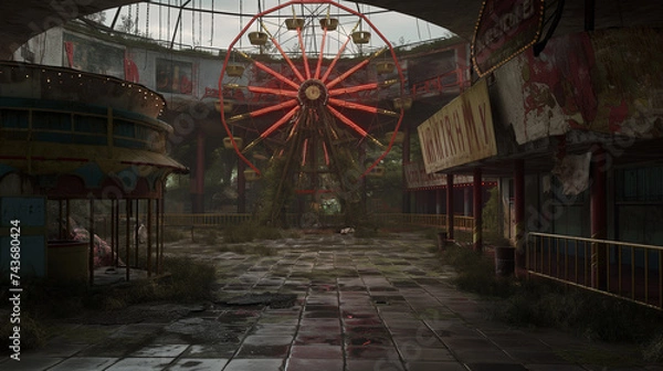 Fototapeta Within the eerie stillness of a deserted carnival, AI generated