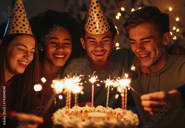 Fototapeta Group of cheerful young people in cone party hats wishing happy birthday to their friend who's about to blow candles on his birthday cake during celebration at home