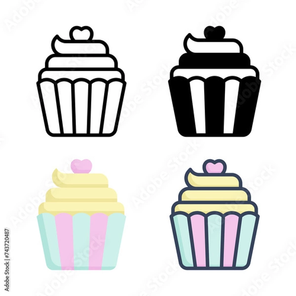 Fototapeta Cupcake icon set style collection in line, solid, flat, flat line style on white background