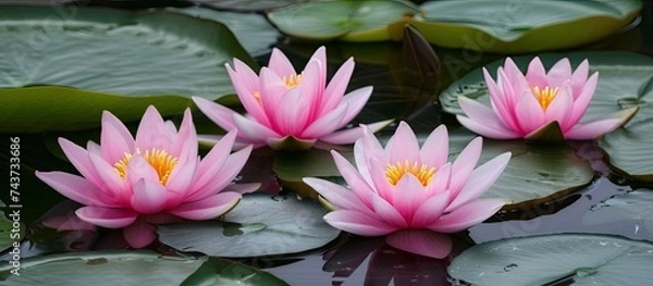 Fototapeta Three pink water lilies blooming beautifully in a pond, surrounded by lily pads. The vibrant flowers add color to the tranquil water landscape.