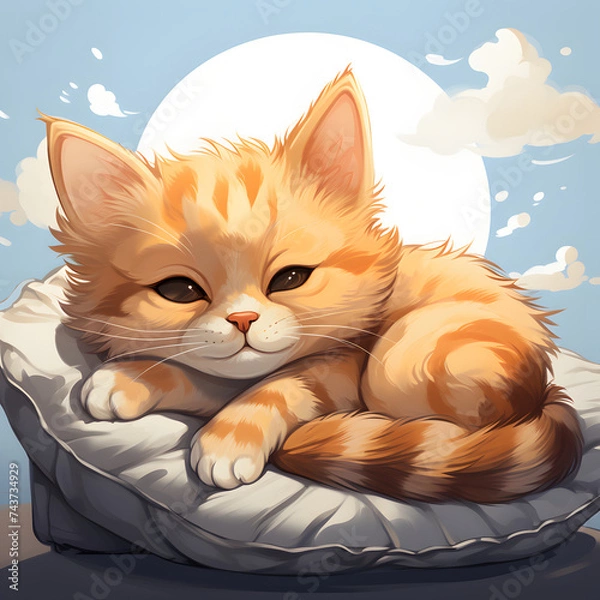 Fototapeta Cute Orange Cat Sleeping on the Pillow. Cartoon Cat Lying on a Pillow
