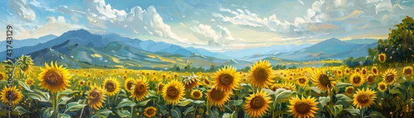 Fototapeta Panoramic oil painting of sunflowers in bloom with a backdrop of majestic mountains.