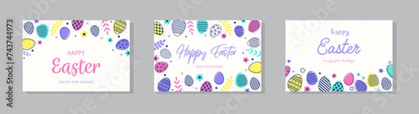 Fototapeta Happy Easter set of greeting cards with colourful eggs. A set of modern style backgrounds. Vector illustration