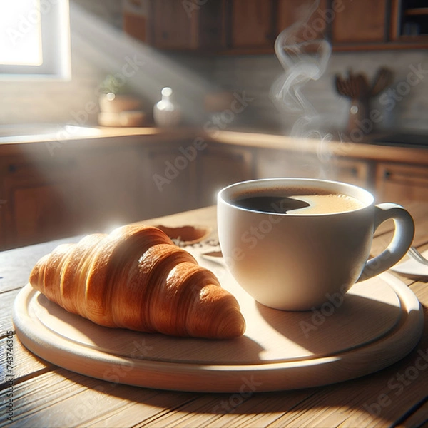 Obraz Cup of coffee and croissant on a stand