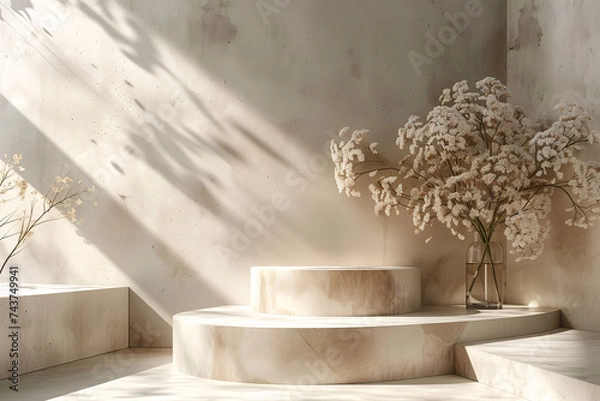 Fototapeta Sunlit Product Display with Ethereal Dried Flowers in Minimalist Interior