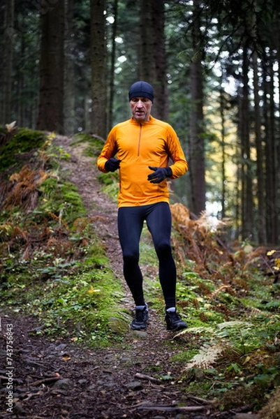 Fototapeta Athlete male runner running downhill in mountain autumn forest