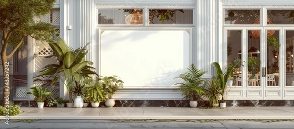 Fototapeta A white building stands tall with numerous potted plants lined up in front of it, creating a green and vibrant display. The buildings facade is clean and simple, making the plants stand out against