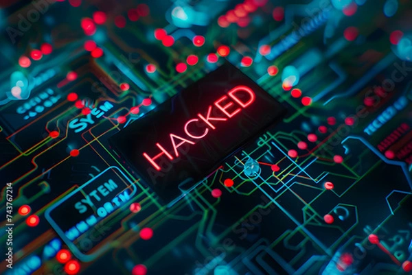 Fototapeta “Hacked” - the inscription is illustrated on the digital screen with numbers and letters in the background. Cyber security and hack attacks concept