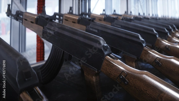 Fototapeta Russian machine gun AK 47 production factory. War concept. 3d rendering