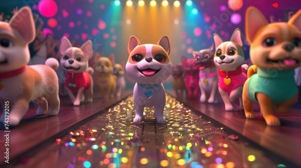Fototapeta A 3D animated dog character with a cheerful expression walks on a glittering fashion show runway, set against a vibrant light show.
